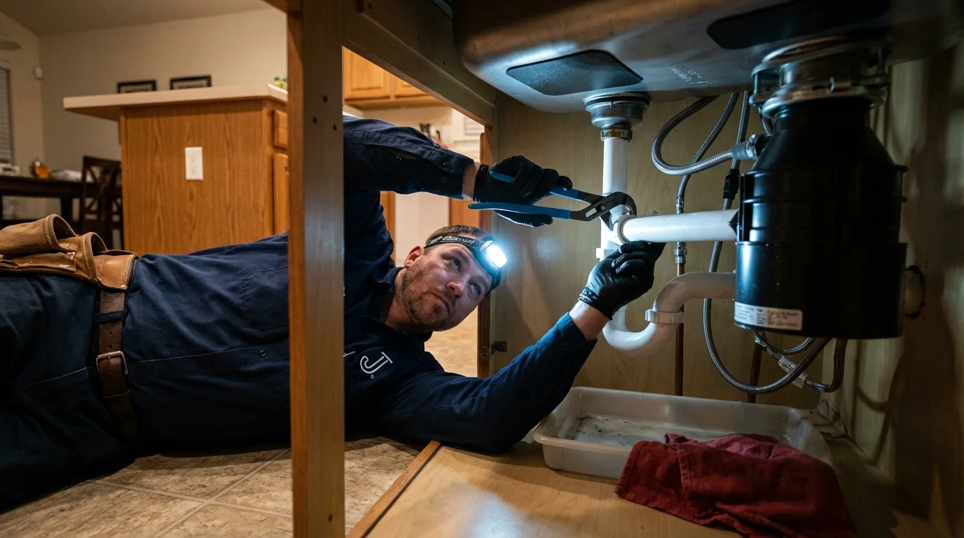 P-trap and supply line connections under a kitchen sink showing a common leak point in Westport, WA